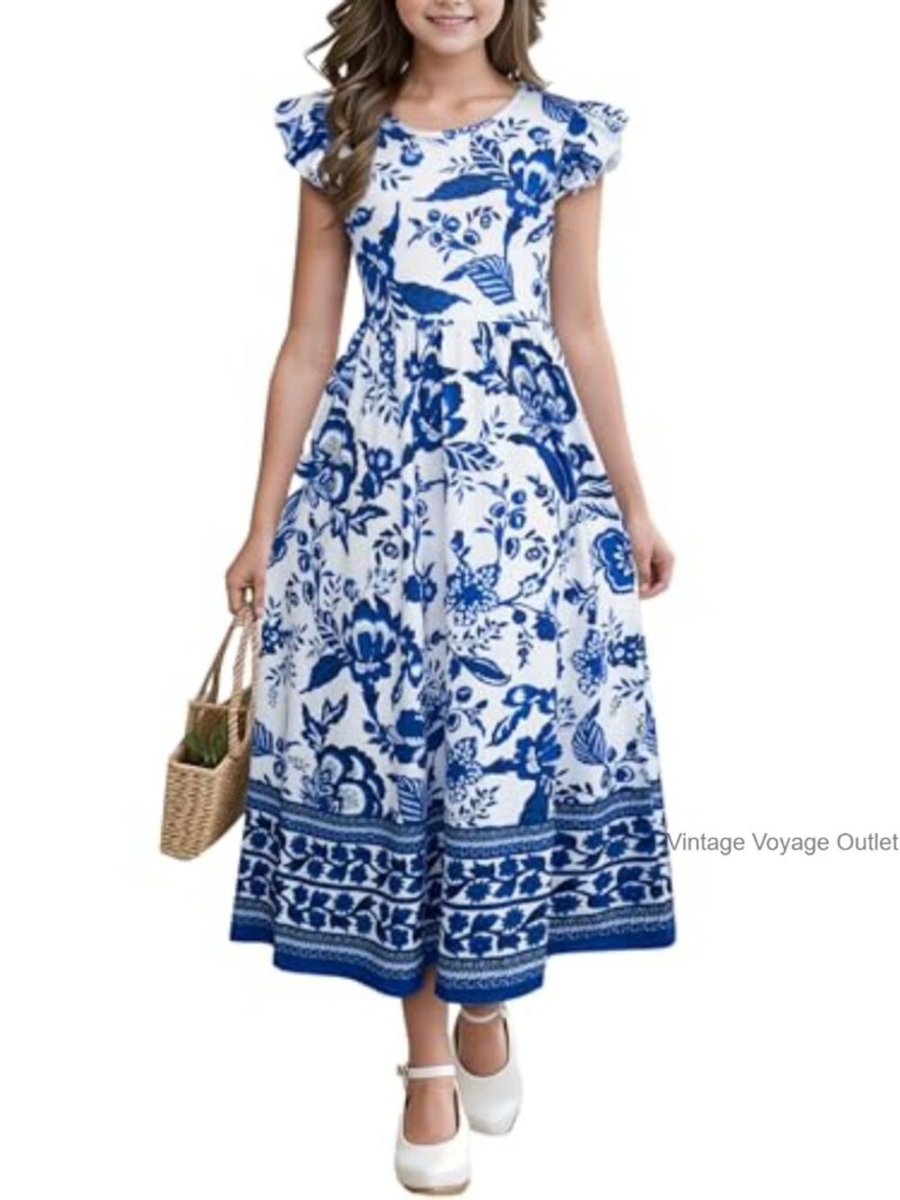 Girls Boho Floral Flutter Sleeve Maxi Dress